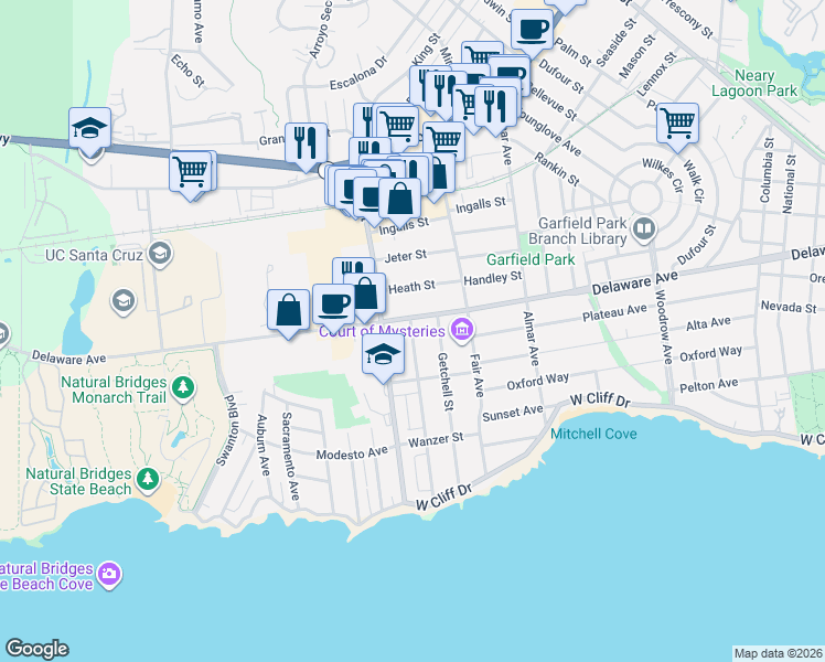 map of restaurants, bars, coffee shops, grocery stores, and more near 349 John Street in Santa Cruz