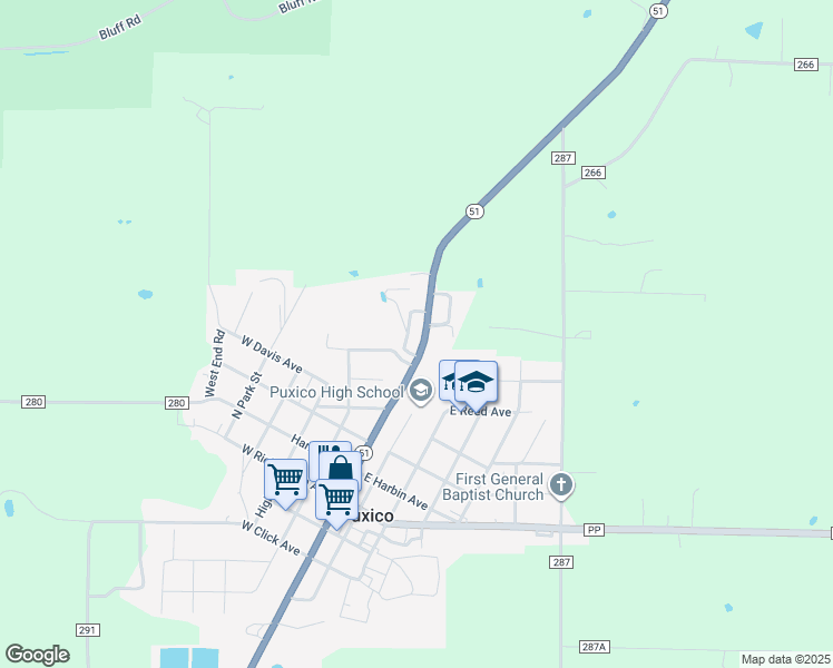 map of restaurants, bars, coffee shops, grocery stores, and more near 351 Missouri 51 in Puxico