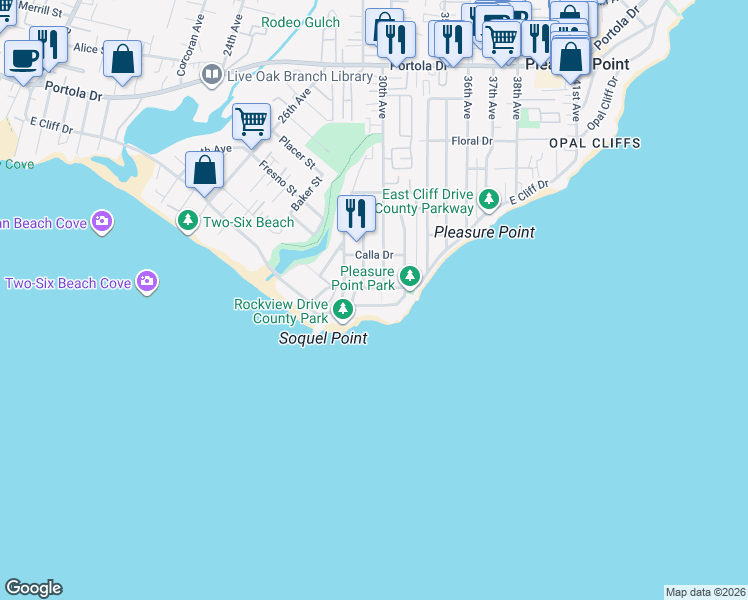 map of restaurants, bars, coffee shops, grocery stores, and more near 2955 Pleasure Point Drive in Santa Cruz