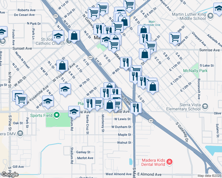 map of restaurants, bars, coffee shops, grocery stores, and more near 421 South I Street in Madera