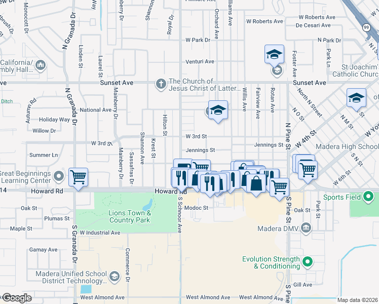 map of restaurants, bars, coffee shops, grocery stores, and more near 1924 Jennings Street in Madera