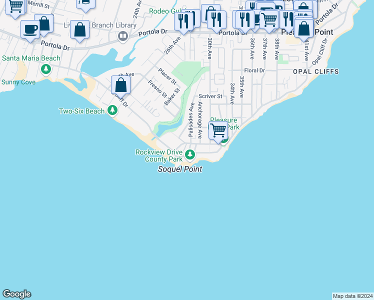 map of restaurants, bars, coffee shops, grocery stores, and more near 2881 Chesterfield Drive in Santa Cruz