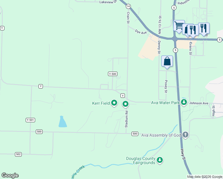 map of restaurants, bars, coffee shops, grocery stores, and more near State Highway Y in Ava