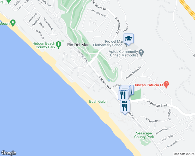 map of restaurants, bars, coffee shops, grocery stores, and more near 1073 Vía Tornasol in Aptos
