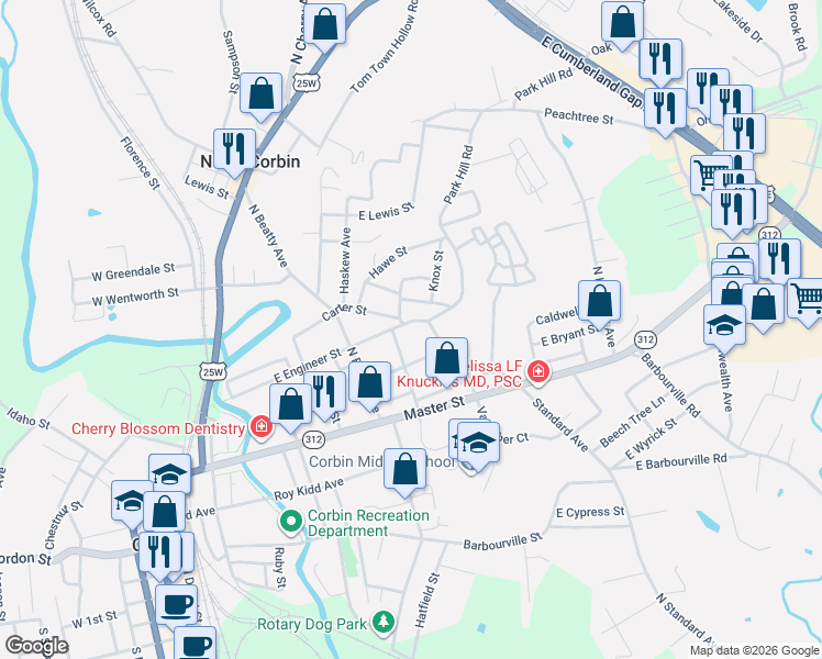 map of restaurants, bars, coffee shops, grocery stores, and more near 823 East Engineer Street in Corbin