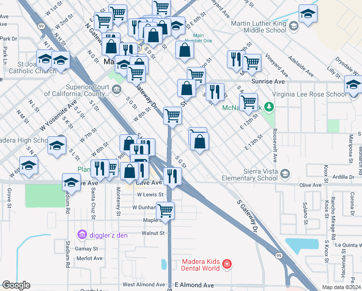 map of restaurants, bars, coffee shops, grocery stores, and more near 618 South Gateway Drive in Madera