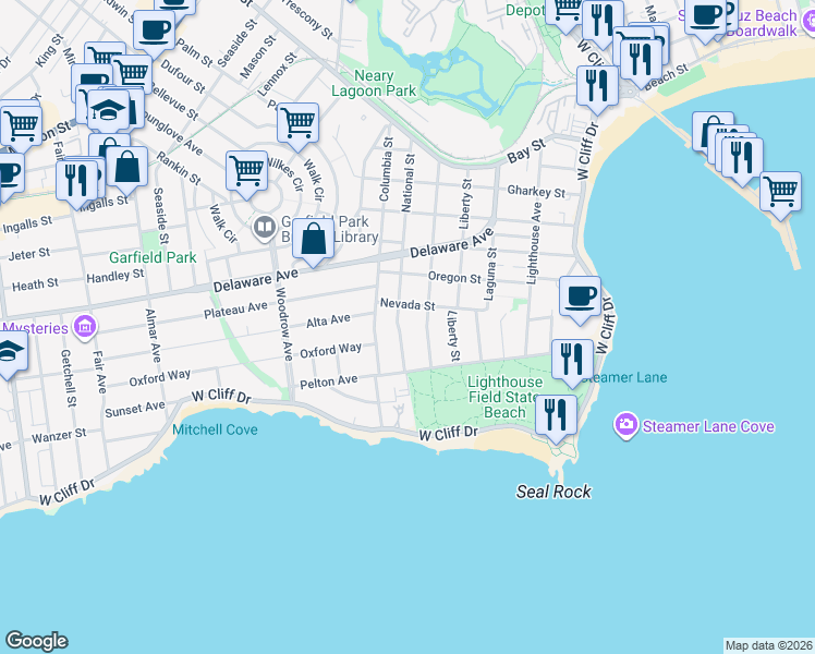 map of restaurants, bars, coffee shops, grocery stores, and more near 140 National Street in Santa Cruz