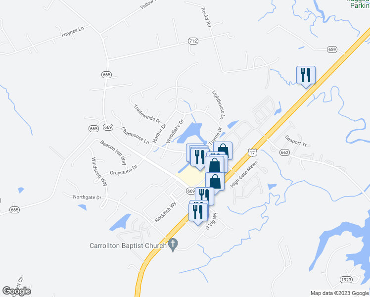 map of restaurants, bars, coffee shops, grocery stores, and more near 22441 Harbor Towne Drive in Carrollton
