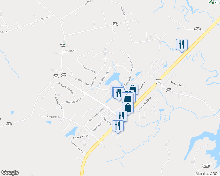 map of restaurants, bars, coffee shops, grocery stores, and more near 22441 Harbor Towne Drive in Carrollton