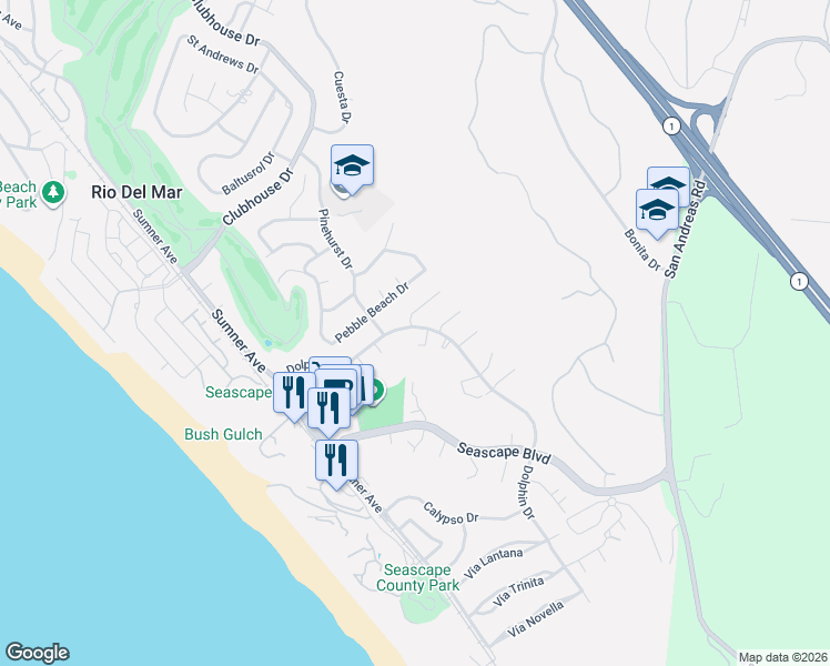 map of restaurants, bars, coffee shops, grocery stores, and more near 1610 Dolphin Drive in Aptos
