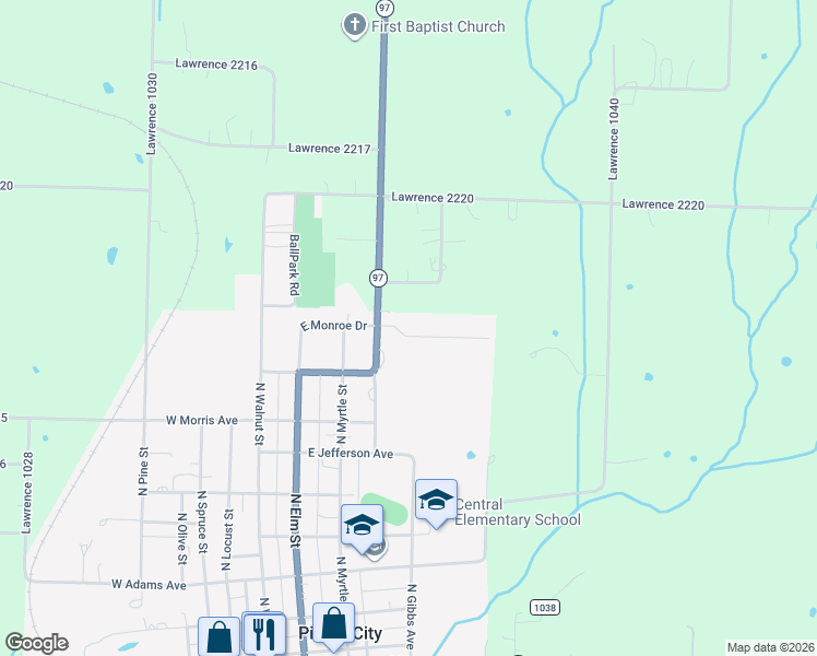 map of restaurants, bars, coffee shops, grocery stores, and more near 401 Monroe Drive in Pierce City
