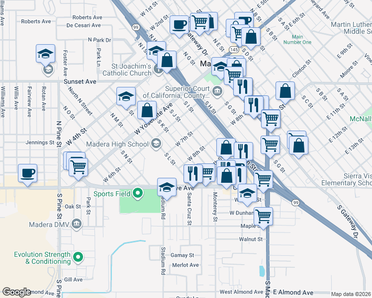 map of restaurants, bars, coffee shops, grocery stores, and more near in Madera