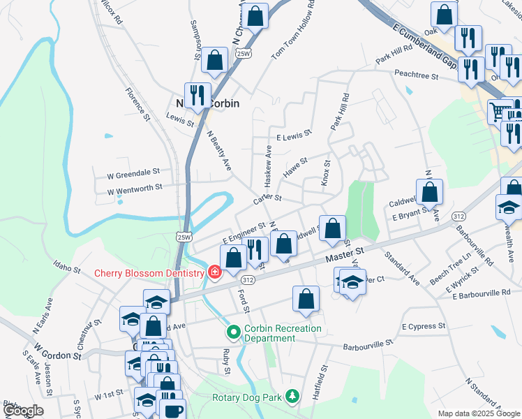 map of restaurants, bars, coffee shops, grocery stores, and more near 408 North Beatty Avenue in Corbin