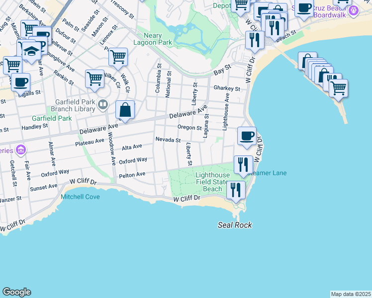 map of restaurants, bars, coffee shops, grocery stores, and more near 135 Liberty Street in Santa Cruz
