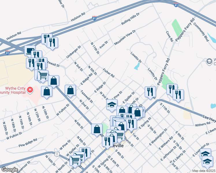 map of restaurants, bars, coffee shops, grocery stores, and more near 645 N 5th St in Wytheville