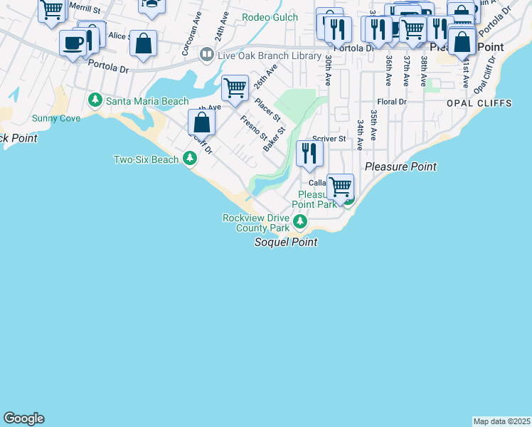 map of restaurants, bars, coffee shops, grocery stores, and more near 22818 East Cliff Drive in Santa Cruz