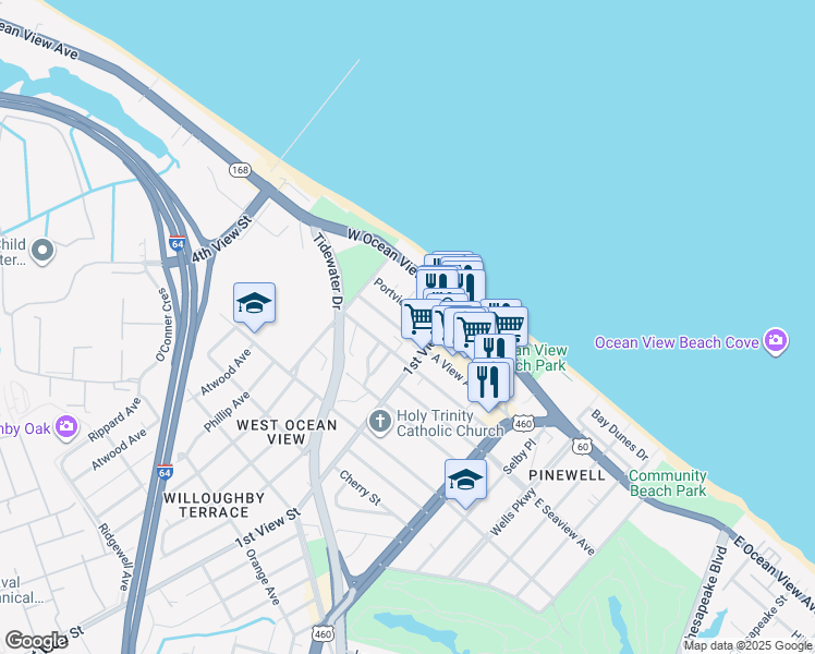 map of restaurants, bars, coffee shops, grocery stores, and more near 220 A View Avenue in Norfolk