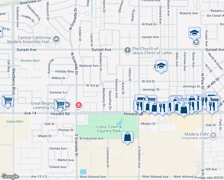 map of restaurants, bars, coffee shops, grocery stores, and more near 2304 Lansing Street in Madera