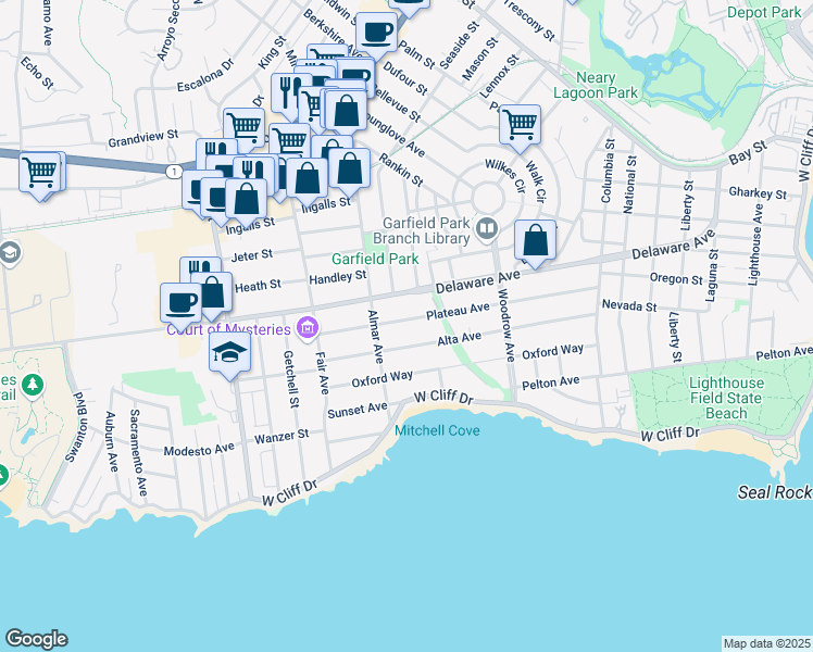 map of restaurants, bars, coffee shops, grocery stores, and more near 331 Plateau Avenue in Santa Cruz