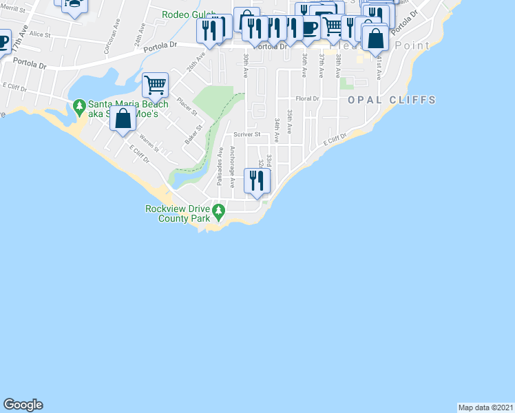 map of restaurants, bars, coffee shops, grocery stores, and more near 3051 Pleasure Point Drive in Santa Cruz