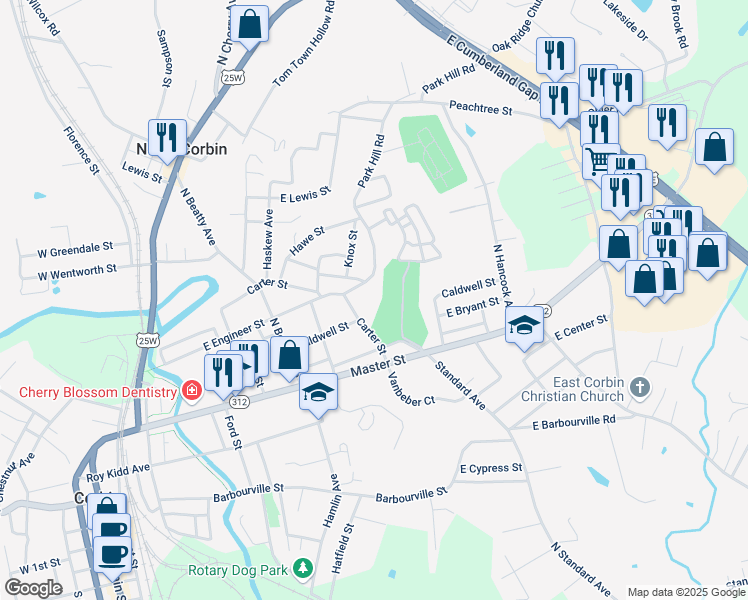 map of restaurants, bars, coffee shops, grocery stores, and more near 702 Carter Street in Corbin