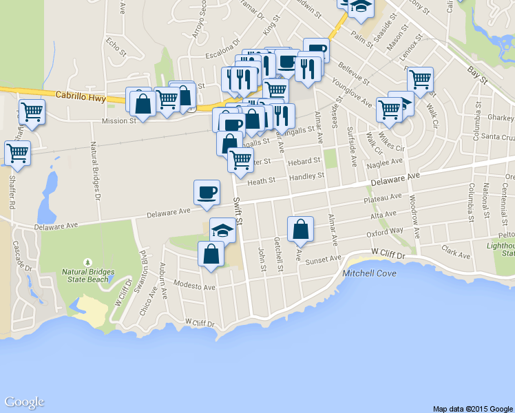 map of restaurants, bars, coffee shops, grocery stores, and more near 349 John Street in Santa Cruz