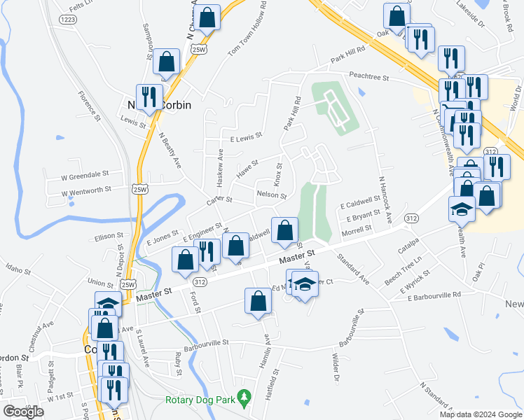 map of restaurants, bars, coffee shops, grocery stores, and more near 823 East Engineer Street in Corbin