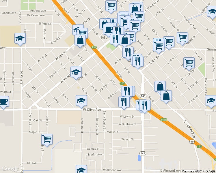 map of restaurants, bars, coffee shops, grocery stores, and more near 412 W 8th St in Madera