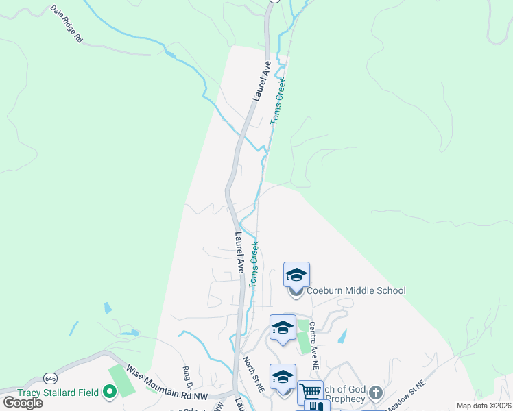 map of restaurants, bars, coffee shops, grocery stores, and more near 114 Little League Road Northeast in Coeburn