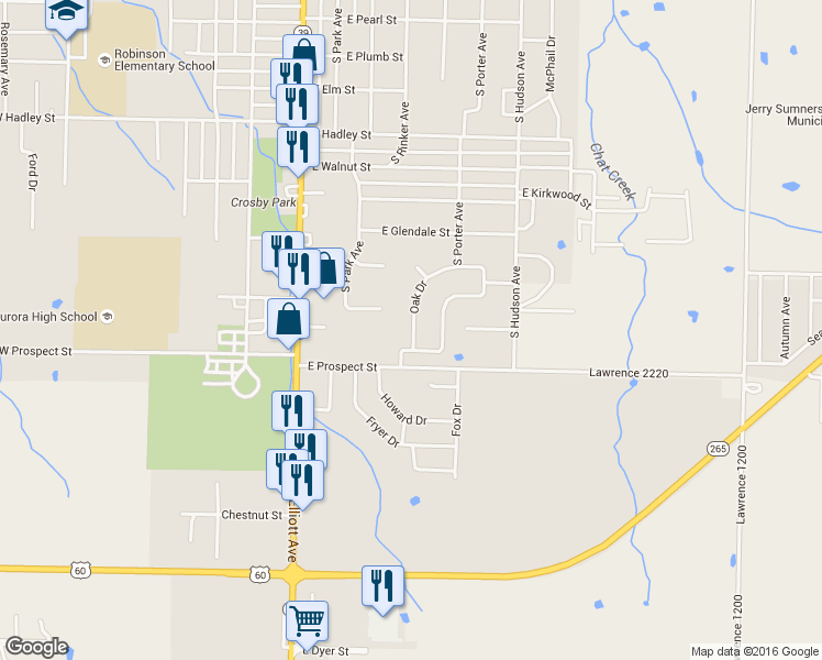 map of restaurants, bars, coffee shops, grocery stores, and more near 1667 Oak Drive in Aurora
