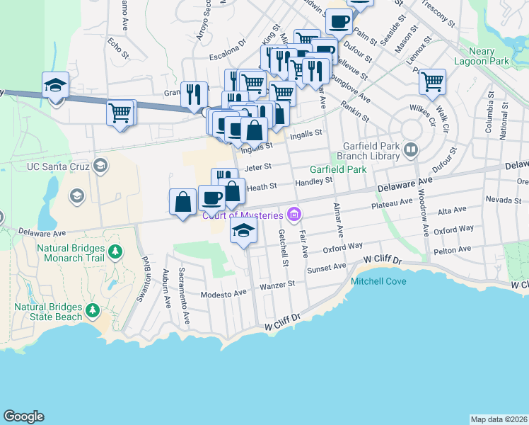 map of restaurants, bars, coffee shops, grocery stores, and more near 349 John Street in Santa Cruz