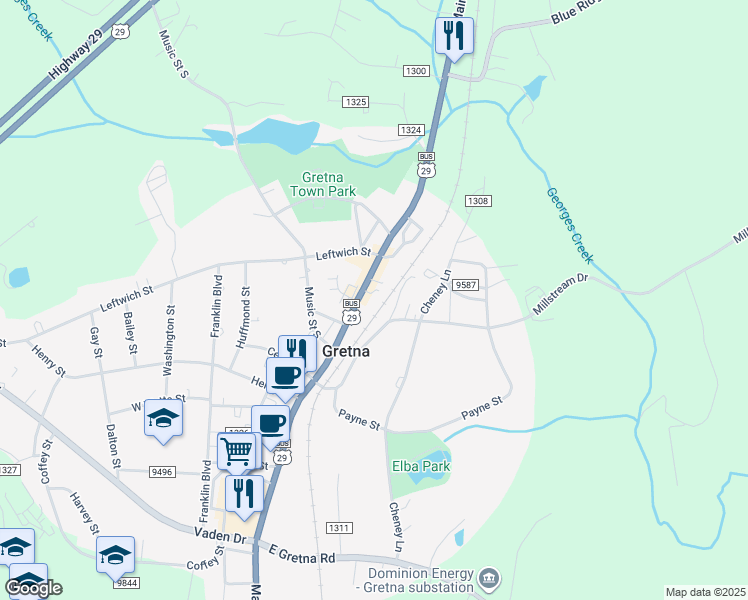 map of restaurants, bars, coffee shops, grocery stores, and more near 410 North Main Street in Gretna