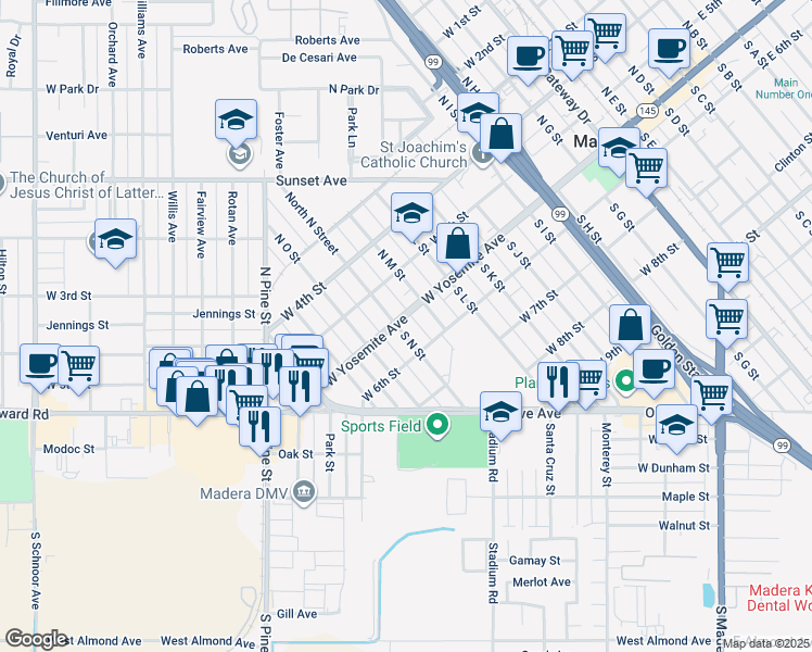 map of restaurants, bars, coffee shops, grocery stores, and more near 900 West Yosemite Avenue in Madera