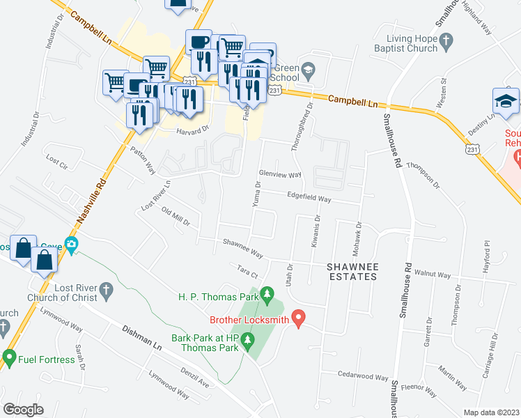map of restaurants, bars, coffee shops, grocery stores, and more near 830 Yuma Circle in Bowling Green