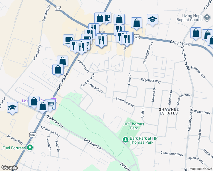 map of restaurants, bars, coffee shops, grocery stores, and more near 137 Shanks Mill Drive in Bowling Green