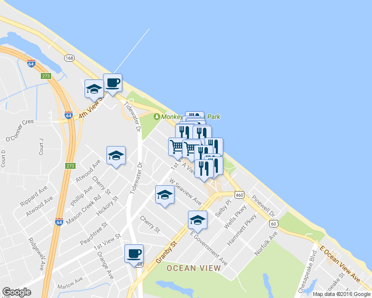 map of restaurants, bars, coffee shops, grocery stores, and more near 9698 1st View Street in Norfolk