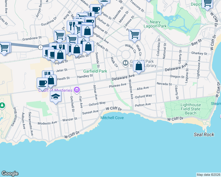 map of restaurants, bars, coffee shops, grocery stores, and more near 307 Plateau Avenue in Santa Cruz