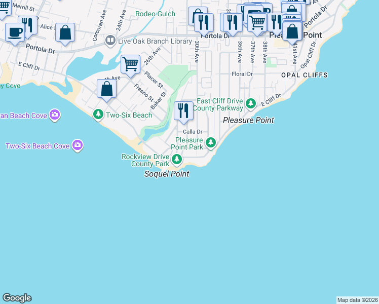 map of restaurants, bars, coffee shops, grocery stores, and more near 22956 East Cliff Drive in Santa Cruz