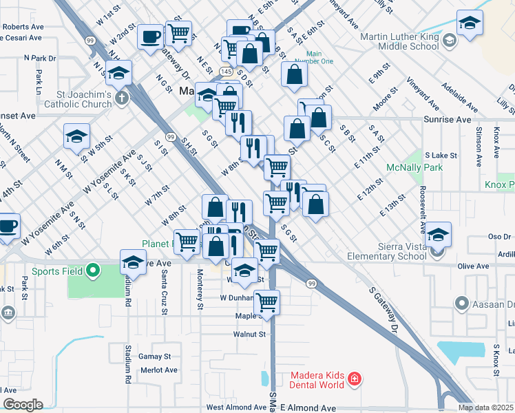 map of restaurants, bars, coffee shops, grocery stores, and more near 520 South G Street in Madera