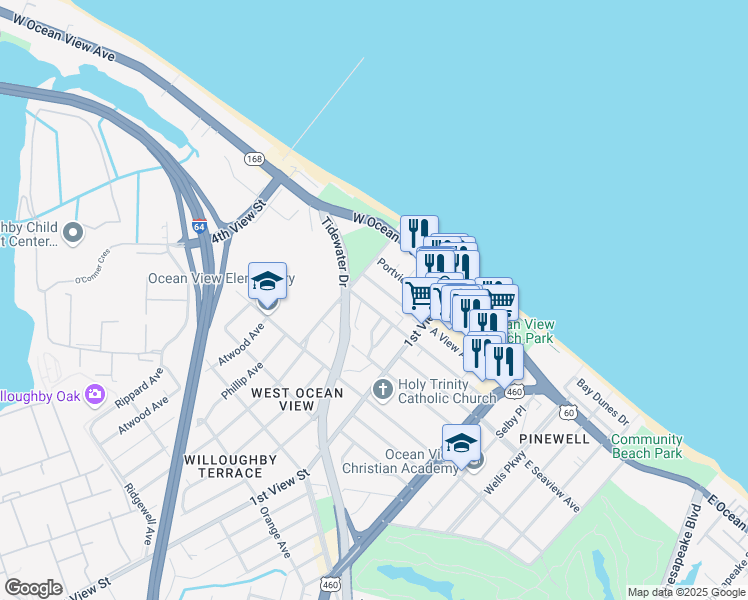 map of restaurants, bars, coffee shops, grocery stores, and more near 252 West Balview Avenue in Norfolk