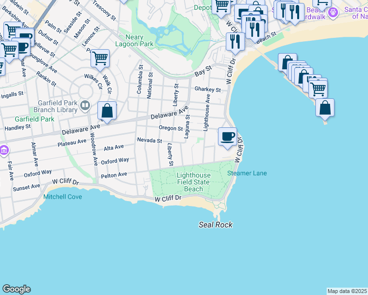 map of restaurants, bars, coffee shops, grocery stores, and more near 136 Laguna Street in Santa Cruz