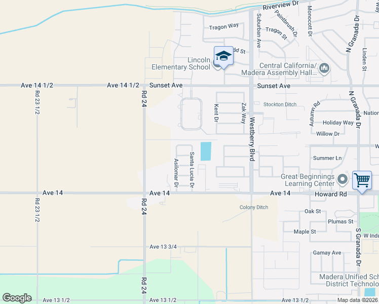 map of restaurants, bars, coffee shops, grocery stores, and more near 3537 San Juan Drive in Madera