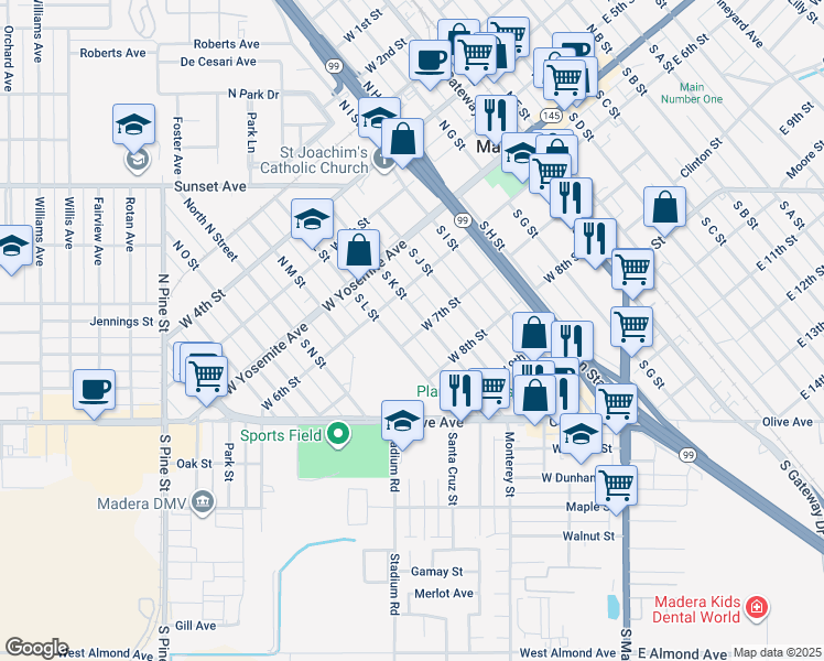 map of restaurants, bars, coffee shops, grocery stores, and more near 609 West 7th Street in Madera
