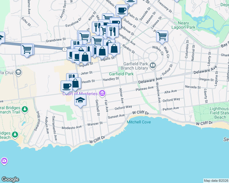 map of restaurants, bars, coffee shops, grocery stores, and more near 406 Plateau Avenue in Santa Cruz