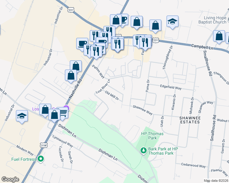 map of restaurants, bars, coffee shops, grocery stores, and more near 137 Shanks Mill Drive in Bowling Green