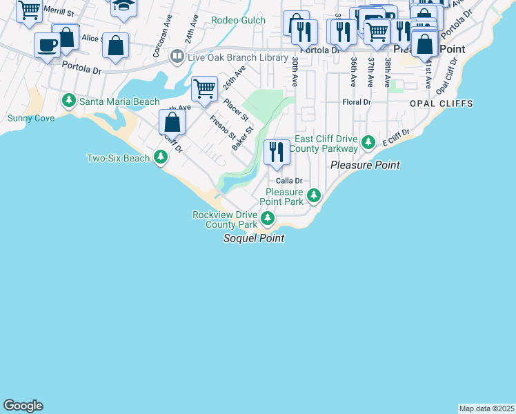 map of restaurants, bars, coffee shops, grocery stores, and more near 2881 Chesterfield Drive in Santa Cruz
