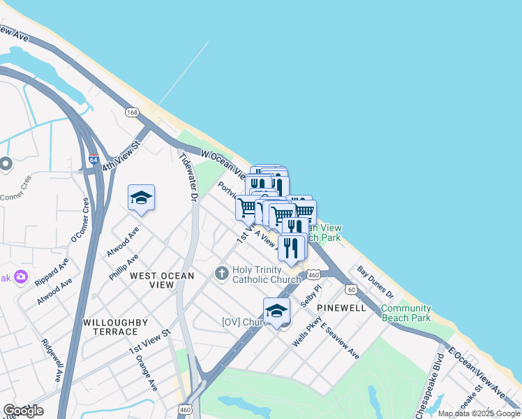 map of restaurants, bars, coffee shops, grocery stores, and more near 9647 1st View Street in Norfolk
