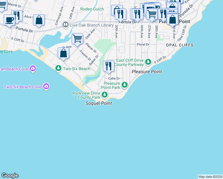 map of restaurants, bars, coffee shops, grocery stores, and more near 22956 East Cliff Drive in Santa Cruz