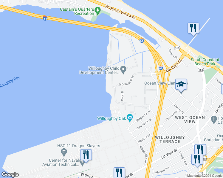 map of restaurants, bars, coffee shops, grocery stores, and more near 8180 O'Conner Crescent in Norfolk