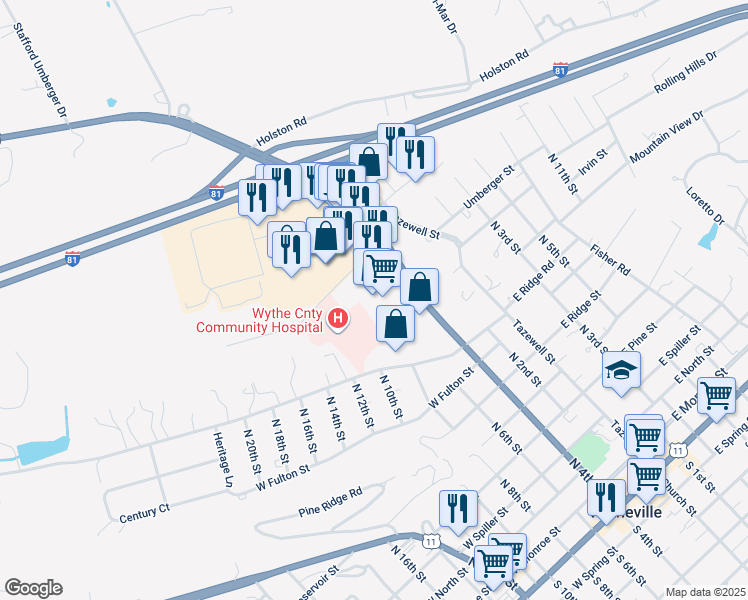 map of restaurants, bars, coffee shops, grocery stores, and more near 1155 North 4th Street in Wytheville